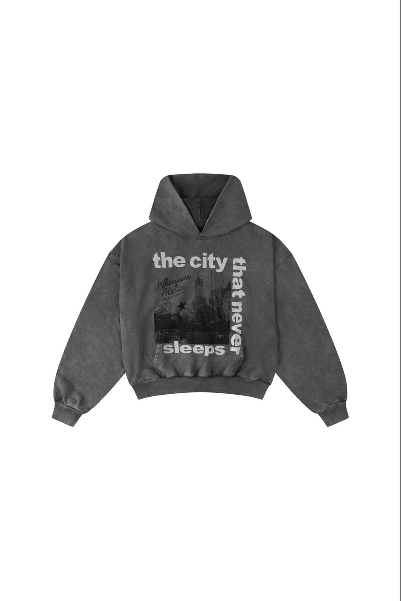 "WHENEVER" CITY NEVER SLEEPS WASHED HOODIE / VINTAGE GREY