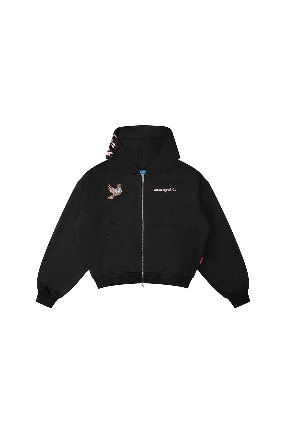 "WHENEVER" SAKURA EMBROIDERED ZIP-UP HOODIE / BLACK