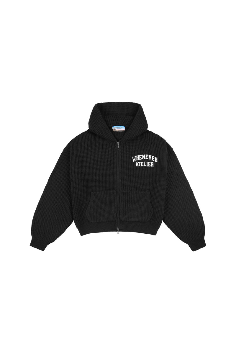 "WHENEVER" GRAND WAFFLE ZIP HOODIE / BLACK