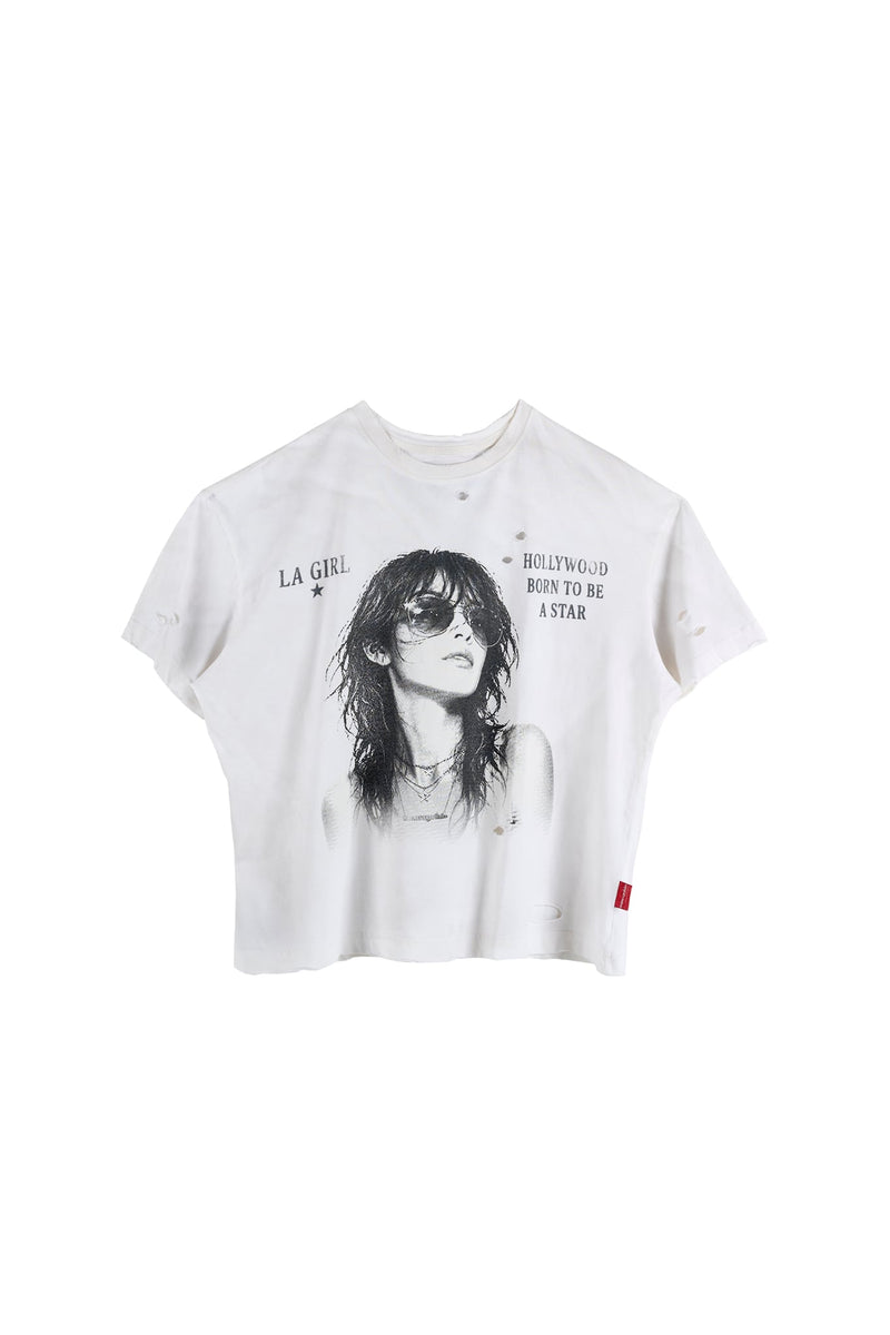 "WHENEVER" LA GIRL DISTRESSED T-SHIRT / WHITE