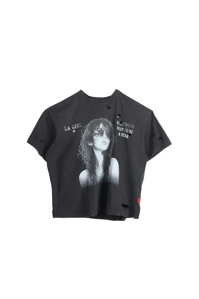 "WHENEVER" LA GIRL DISTRESSED T-SHIRT / BLACK
