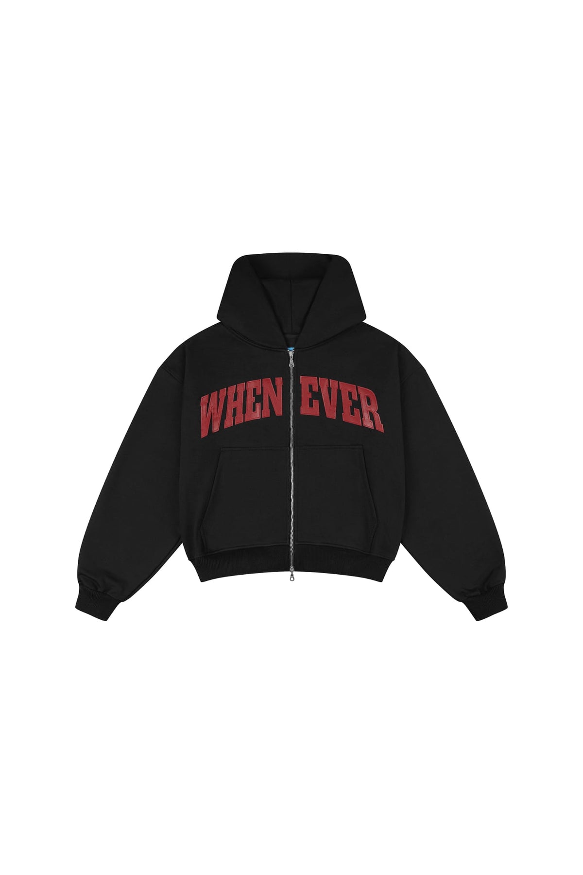 "WHENEVER" SIGNATURE LOGO EMBROIDERED ZIP-UP HOODIE / BLACK